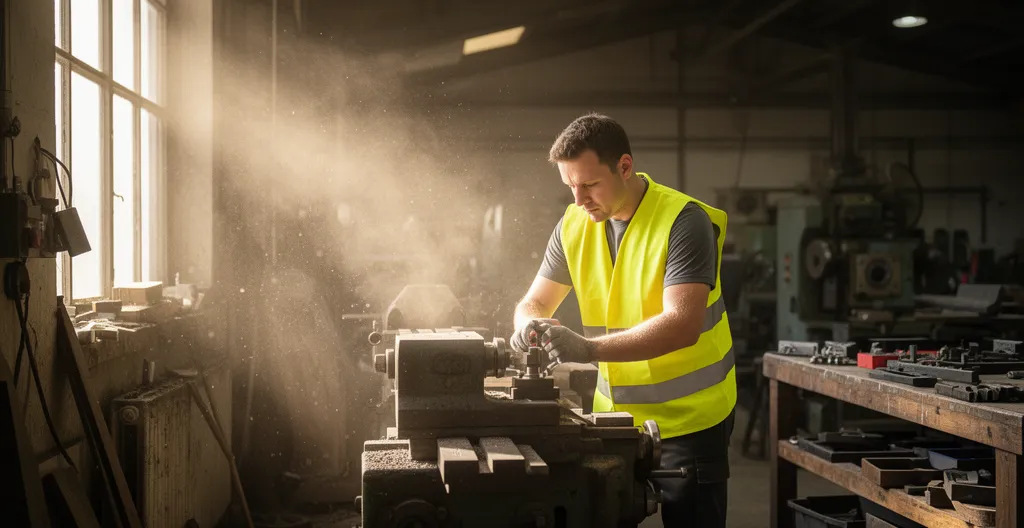 Environnement industriel avec particules de poussières visibles dans un rayon de lumière