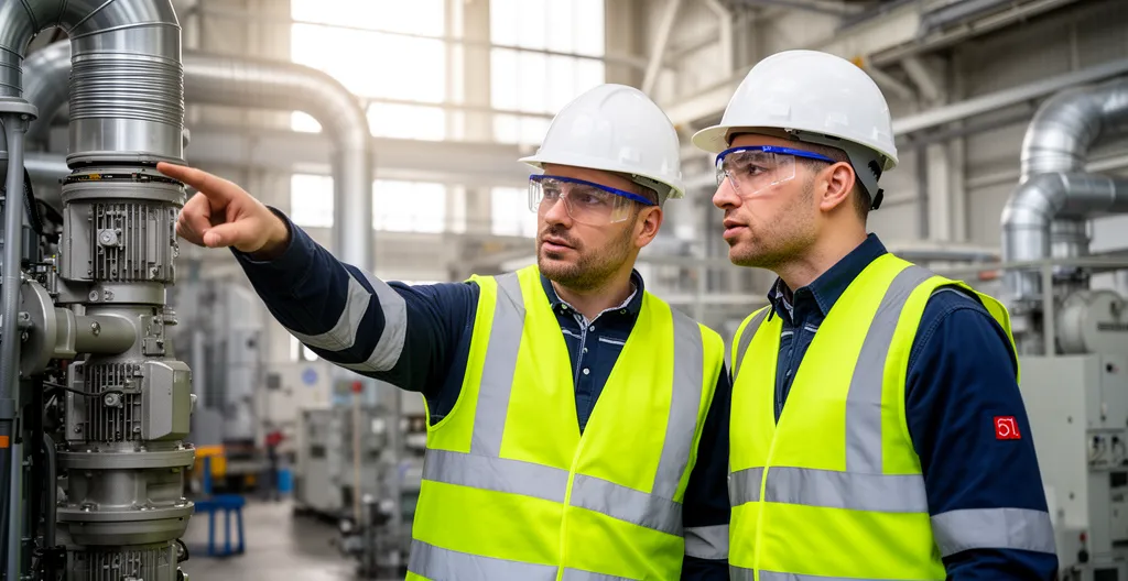 Échange professionnel entre responsable de site et technicien devant une installation de ventilation industrielle