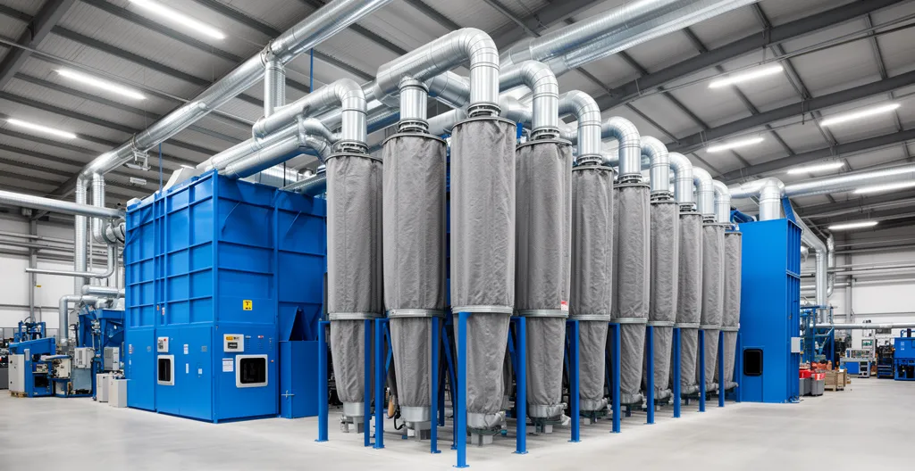 Système de dépoussiérage industriel avec filtres à manches et gaines d'extraction