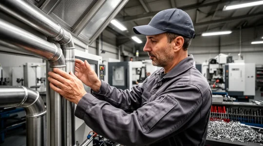 Technicien QHSE inspectant un système d'extraction industriel dans un atelier de métallurgie