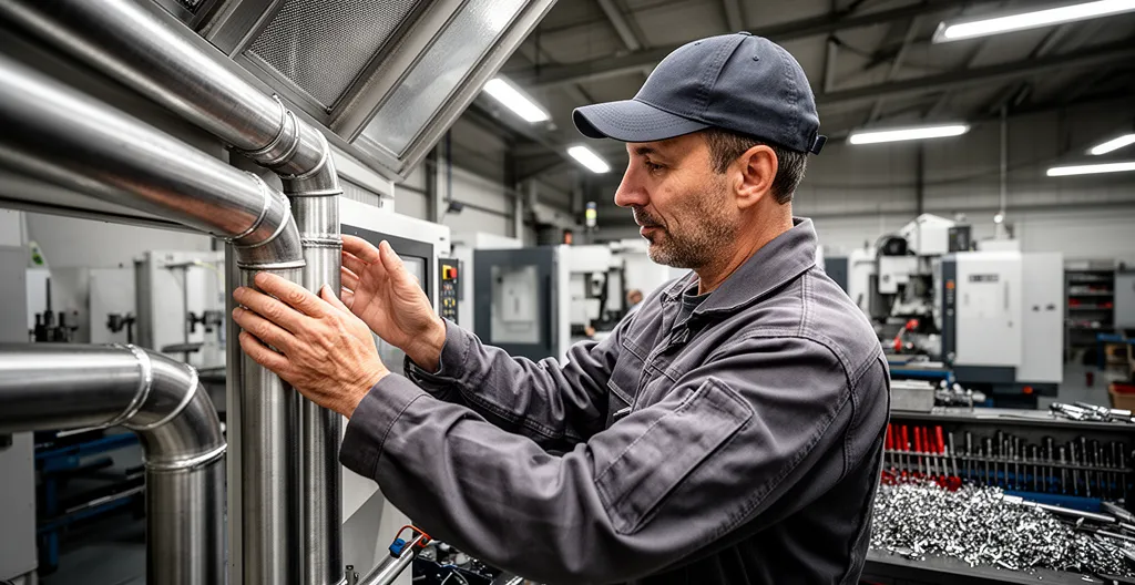 Technicien QHSE inspectant un système d'extraction industriel dans un atelier de métallurgie