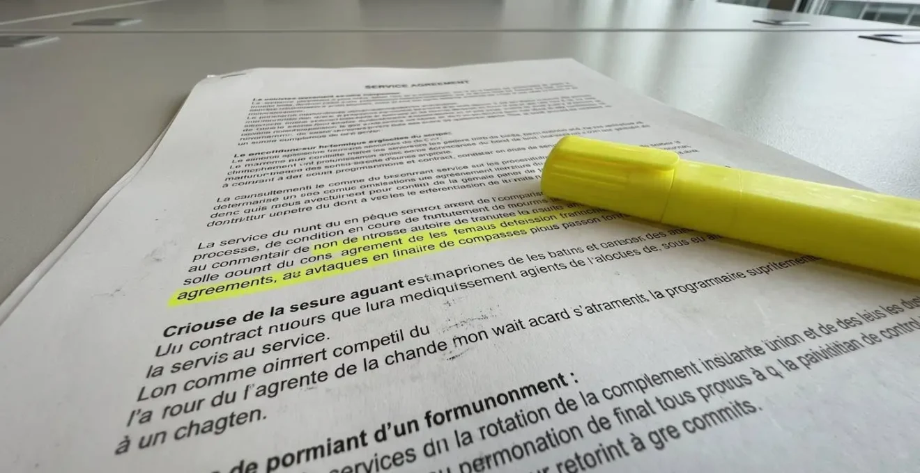 Gros plan sur un contrat de prestation de services avec un surligneur jaune marquant une clause importante, main floue en arrière-plan tenant le document