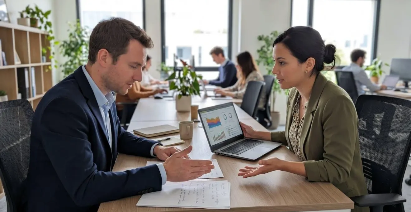Deux professionnels en discussion collaborative autour de documents posés sur un bureau contemporain épuré, lumière douce d'une fenêtre latérale, échange concentré sans regard caméra