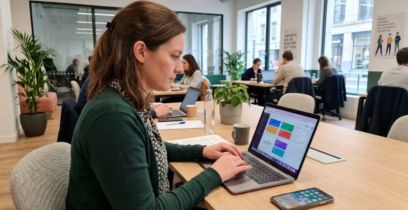 Une consultante indépendante de profil travaille concentrée sur son ordinateur portable dans un espace de coworking lumineux, lumière naturelle filtrante par de grandes baies vitrées