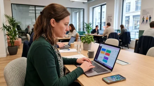 Une consultante indépendante de profil travaille concentrée sur son ordinateur portable dans un espace de coworking lumineux, lumière naturelle filtrante par de grandes baies vitrées