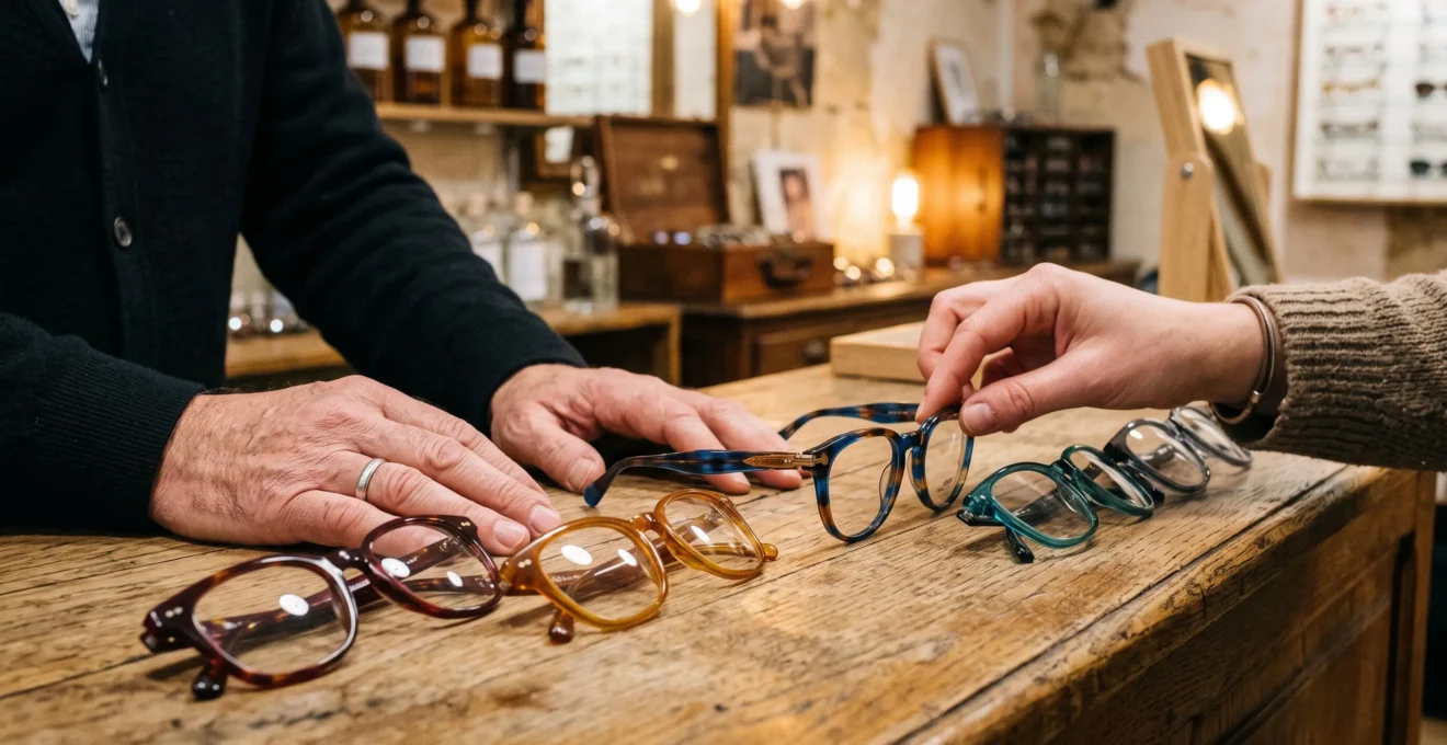 Un client compare des montures aux teintes chaudes et froides sur un comptoir.