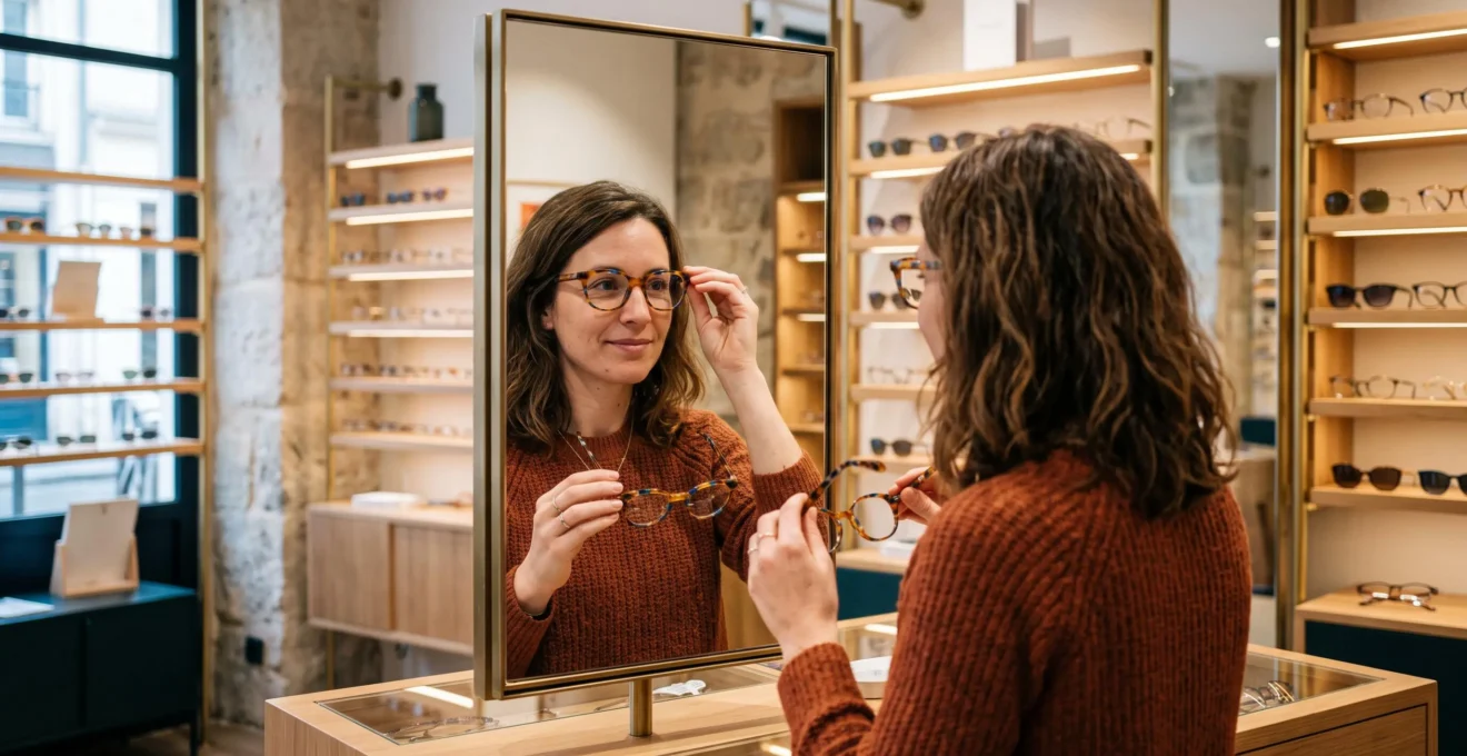 Une femme essaie une monture de lunettes colorée devant un miroir en opticien.