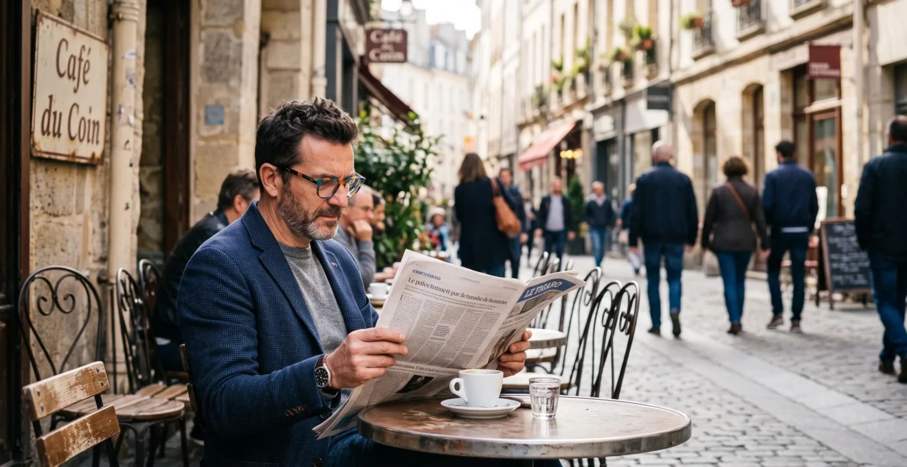 Un homme porte des lunettes colorées en lisant à la terrasse d'un café.